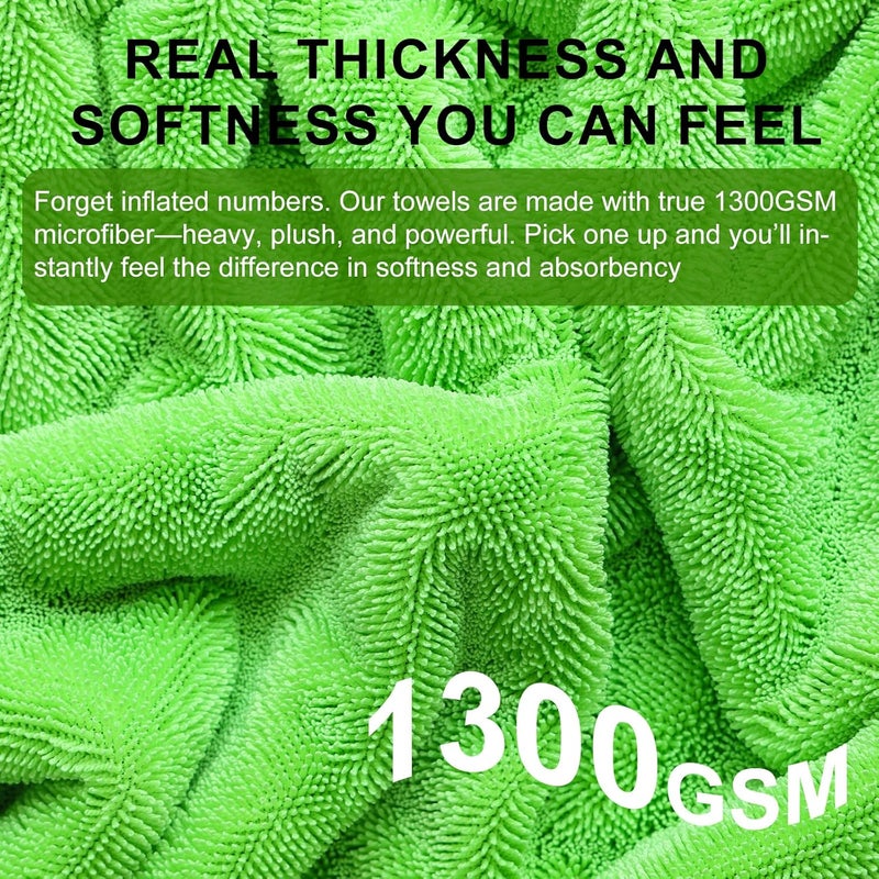 Singrune 2 Pack XL Car Drying Towel – 1300GSM Ultra Absorbent Microfiber, 24"x36" Large Size, Twisted Loop, Lint-Free & Streak-Free for Auto Detailing, Car, SUV, Truck (Gray-Green) - Image 4